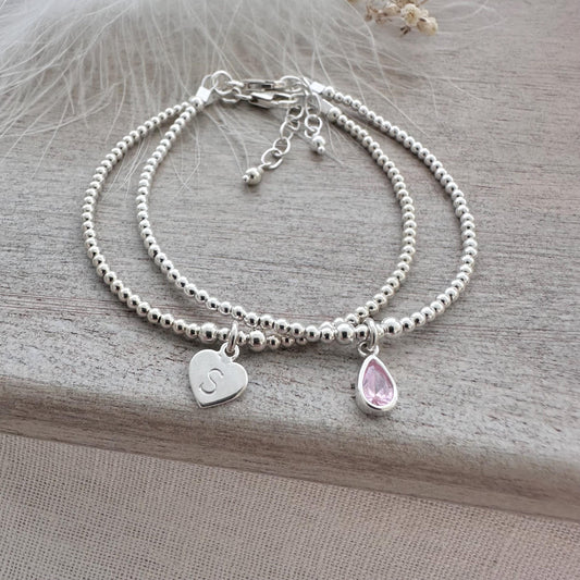 Personalised Initial and Birthstone Bracelet Set in Sterling Silver, Stacking Bracelets with birthstone