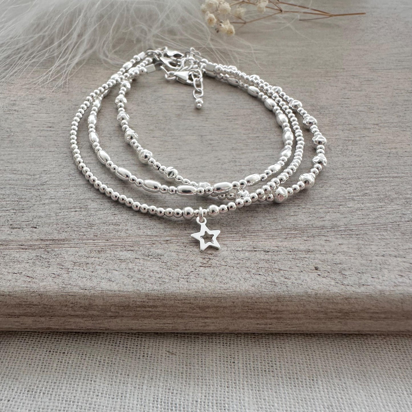 Set of 3 Sterling Silver Layering Bracelets, Star Charm Stacking Bracelet Set