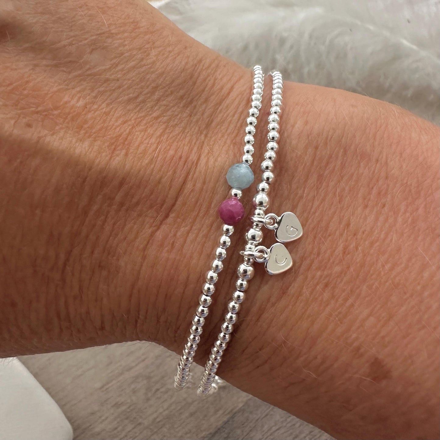 Family Birthstone & Initial Two Bracelet Set, Dainty Family Jewellery