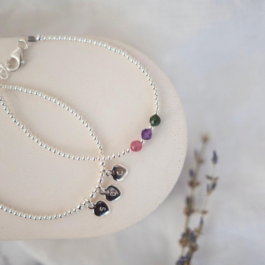 Personalised Family Birthstones & Initials Double Bracelet Set, Dainty Family Jewellery Set Sterling Silver