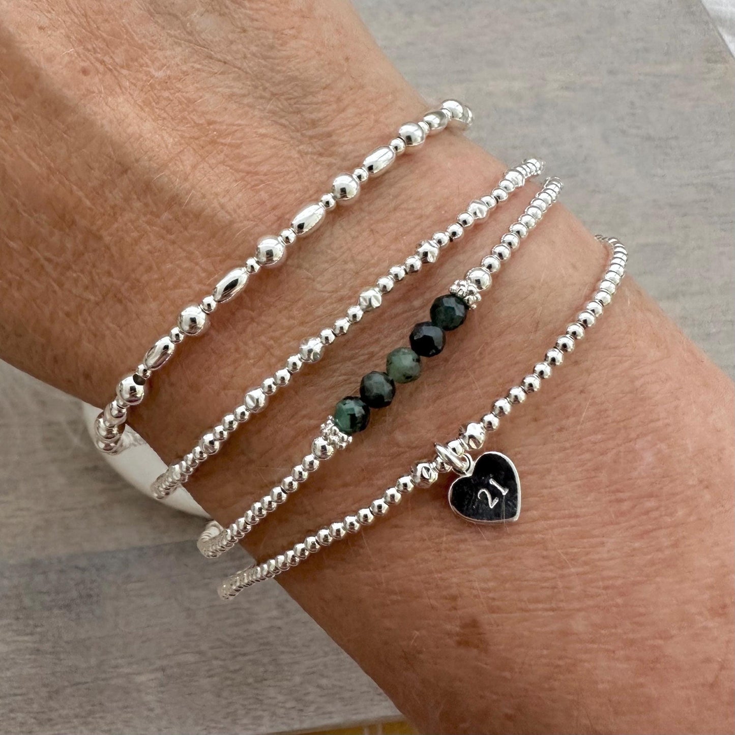 Age and Birthstone Beaded Bracelet Set in Sterling Silver, Personalised Layering Bracelet Set for Women 16th 18th 21st 30th 40th 50th 60th