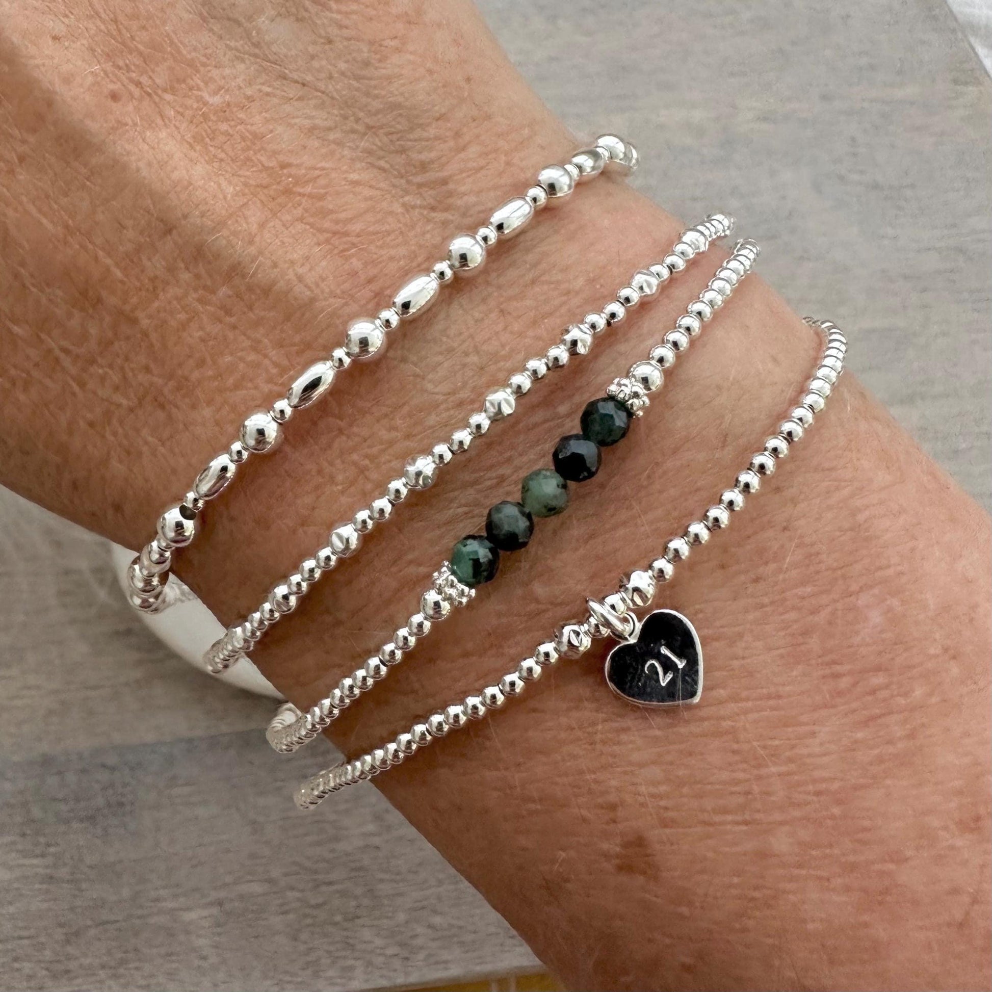 Age and Birthstone Beaded Bracelet Set in Sterling Silver, Personalised Layering Bracelet Set for Women 16th 18th 21st 30th 40th 50th 60th