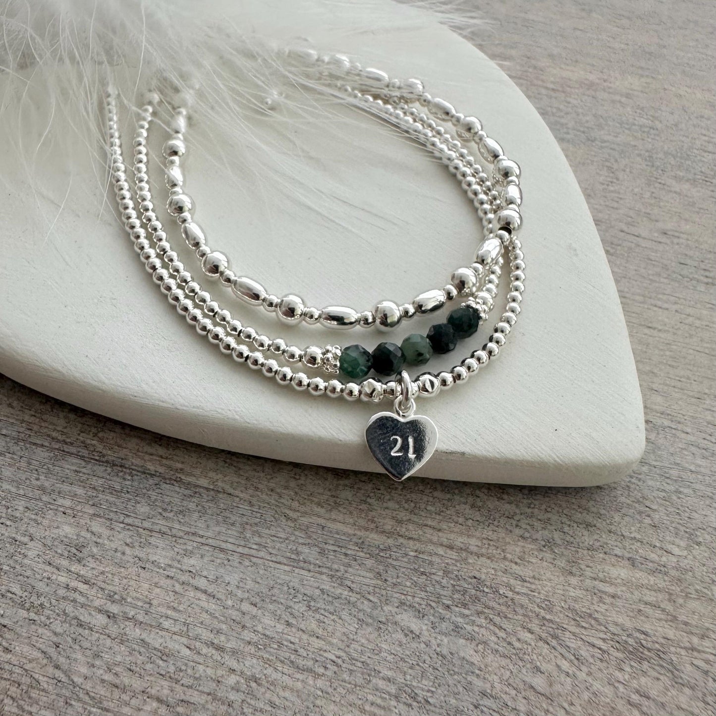 Birthstone Bead & Age Bracelet Set in Sterling Silver, 16th 18th 21st 30th 40th 50th 60th Layering Bracelet Set for Women