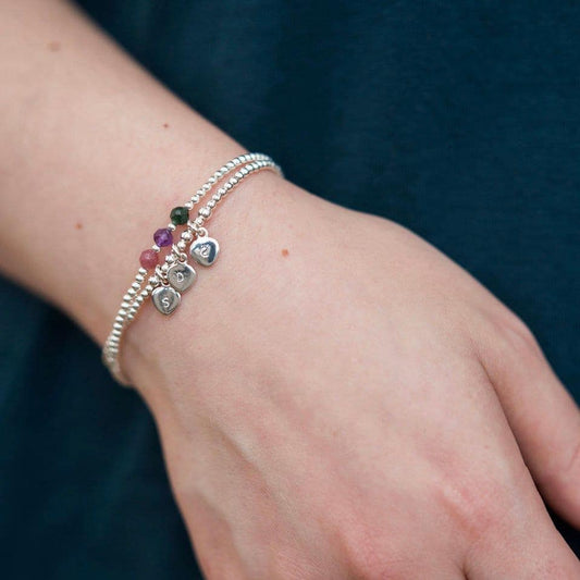 Two Bracelet Set for Mums Personalised Family Birthstones & Initials, Dainty Sterling Silver Family Jewellery for Mothering Sunday Gift