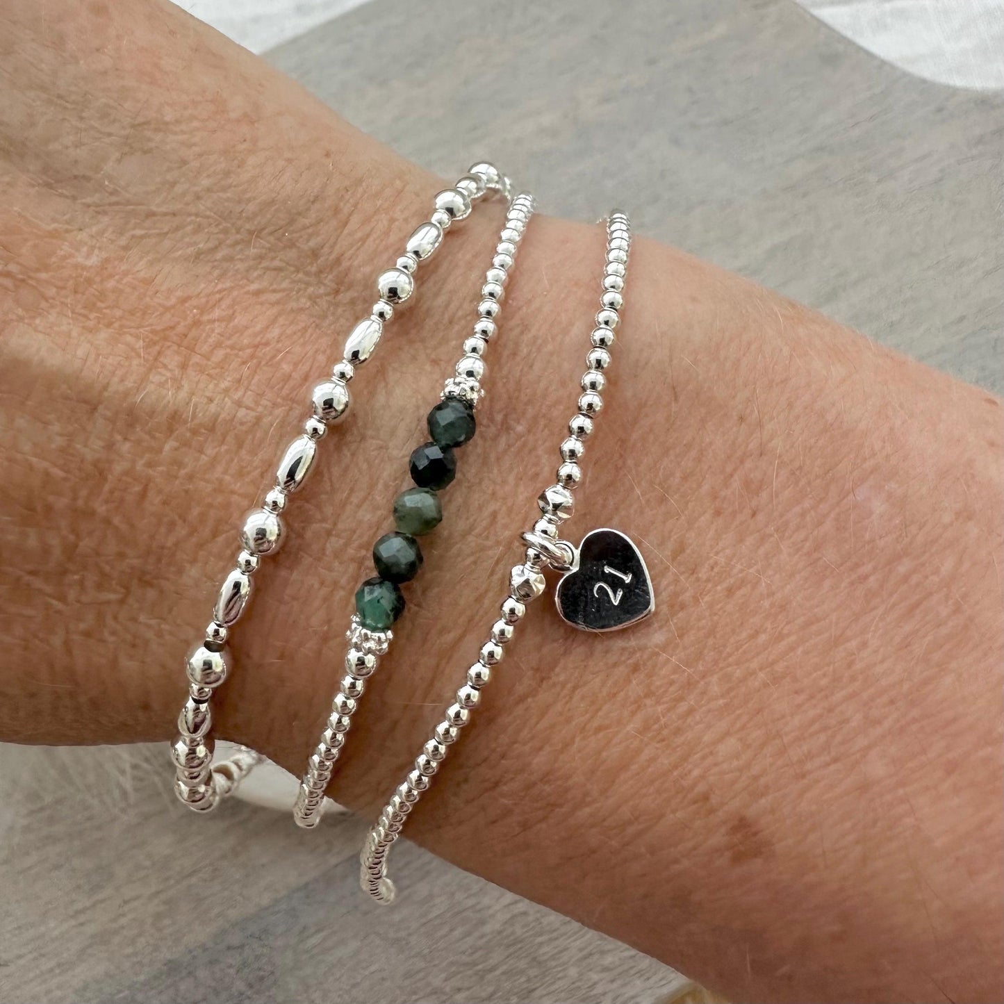 Birthstone Bead & Age Bracelet Set in Sterling Silver, 16th 18th 21st 30th 40th 50th 60th Layering Bracelet Set for Women