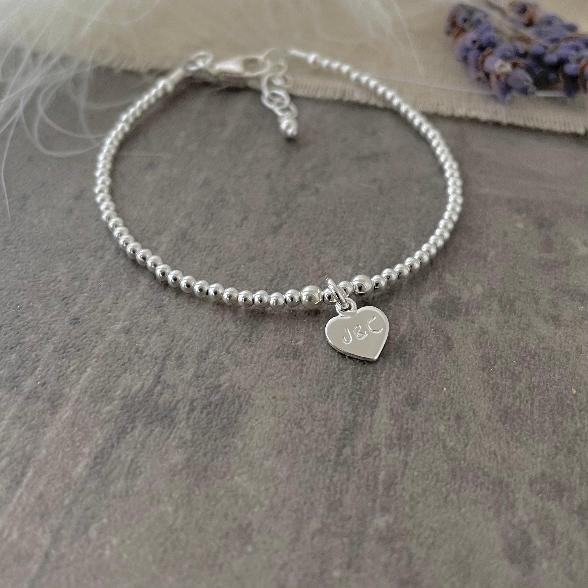 Valentines Day Bracelet in Sterling Silver, Couples Initials on Dainty Personalised Bracelet