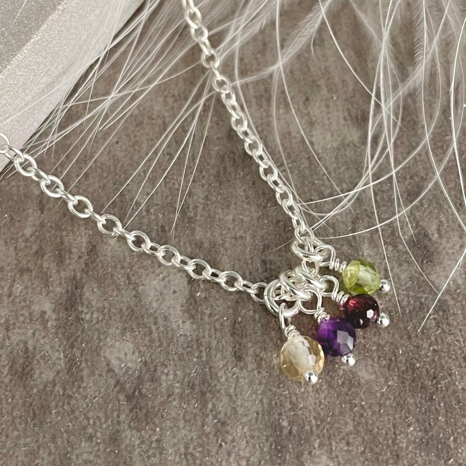 Very Dainty Family Birthstone Charm Necklace, Family Jewellery for Mum in Sterling Silver