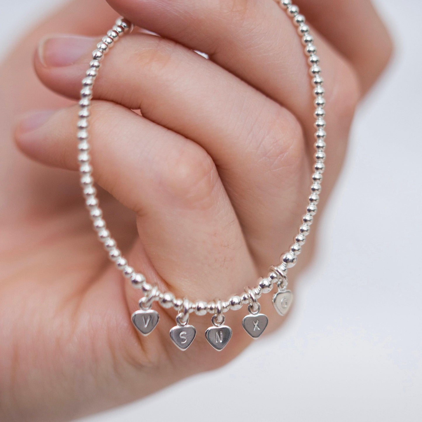 Tiny Sterling Silver Hearts Personalised Bracelet with Family Initials