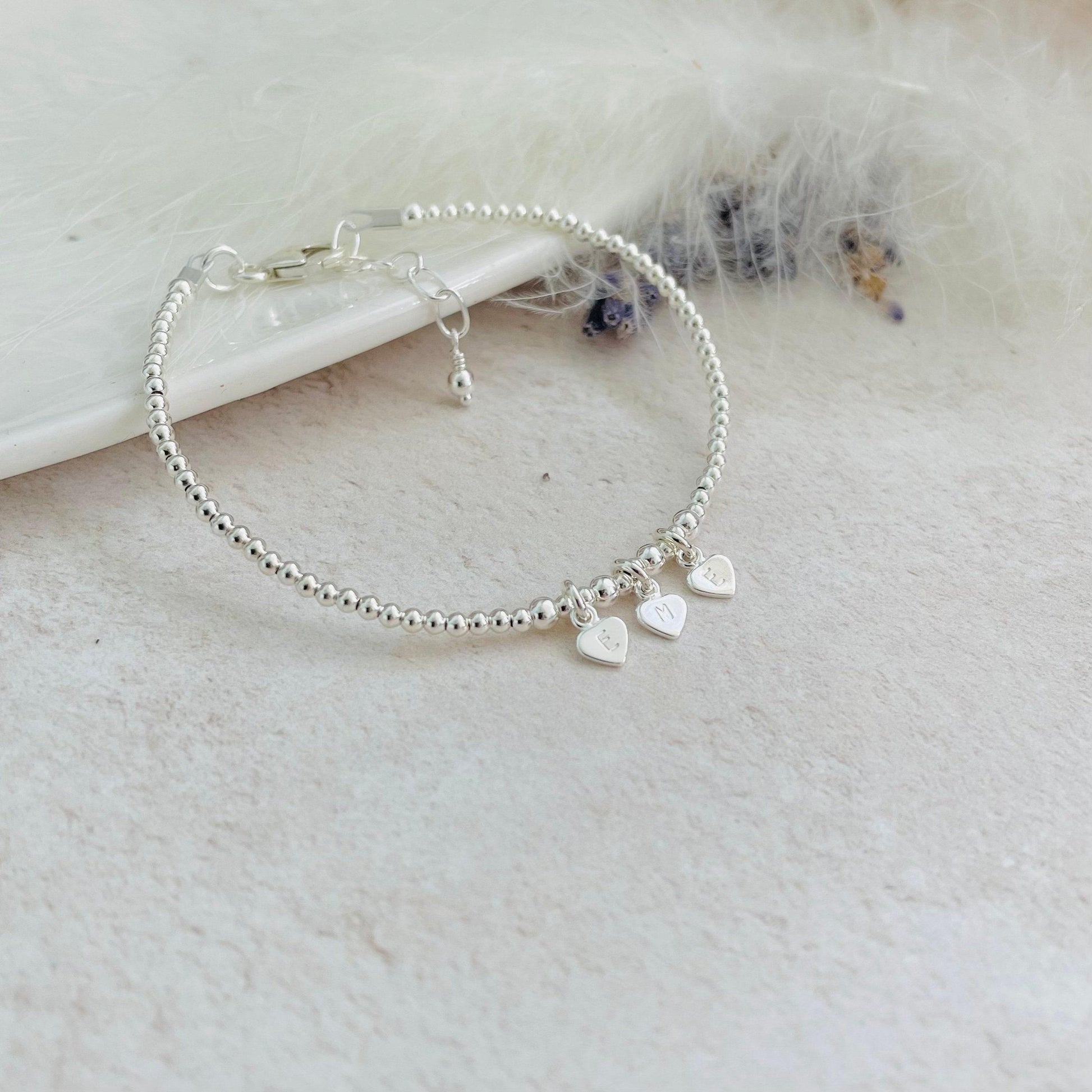 Tiny Sterling Silver Hearts Personalised Bracelet with Family Initials