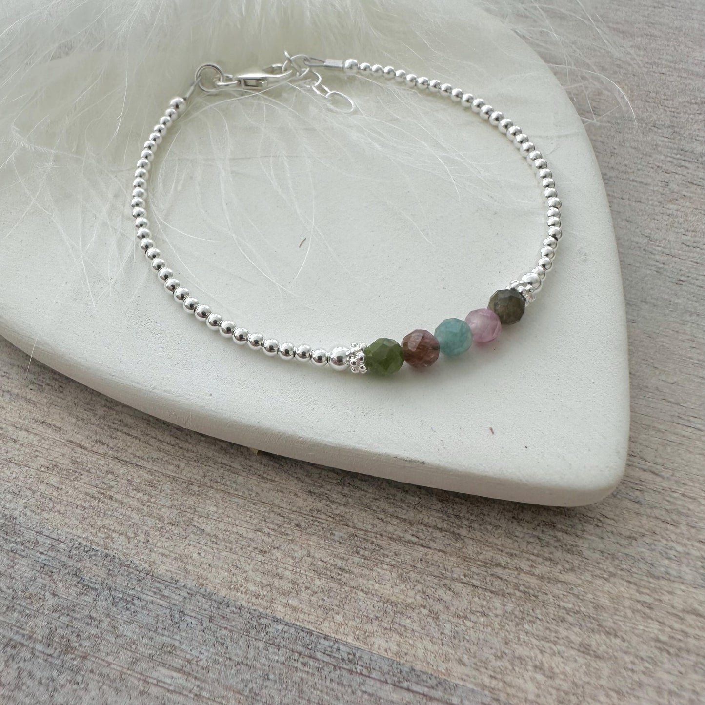 Tourmaline October Birthstone Bracelet, dainty stacking bracelet in sterling silver