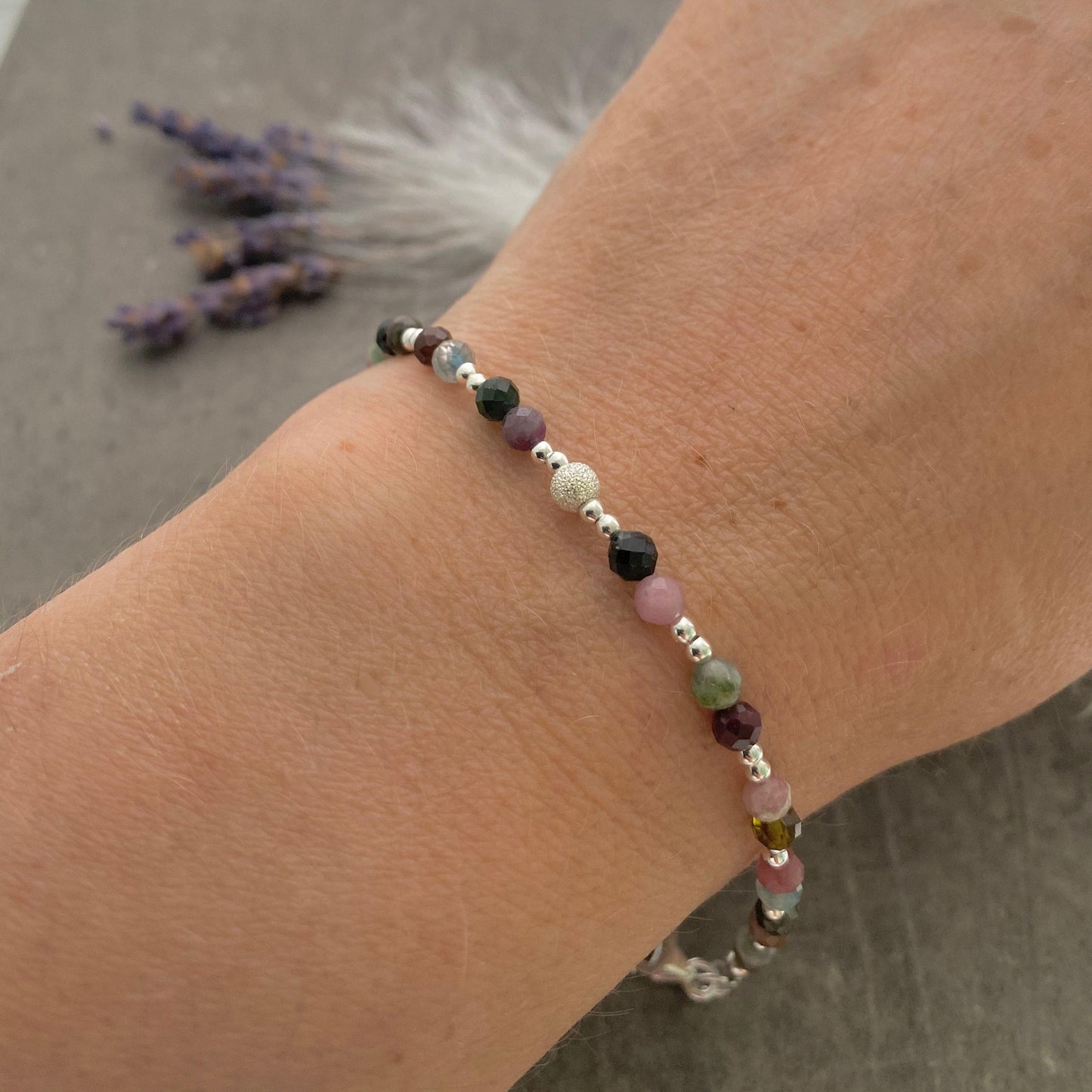 October Birthstone Bracelet, Dainty Tourmaline Bracelet in Sterling Silver