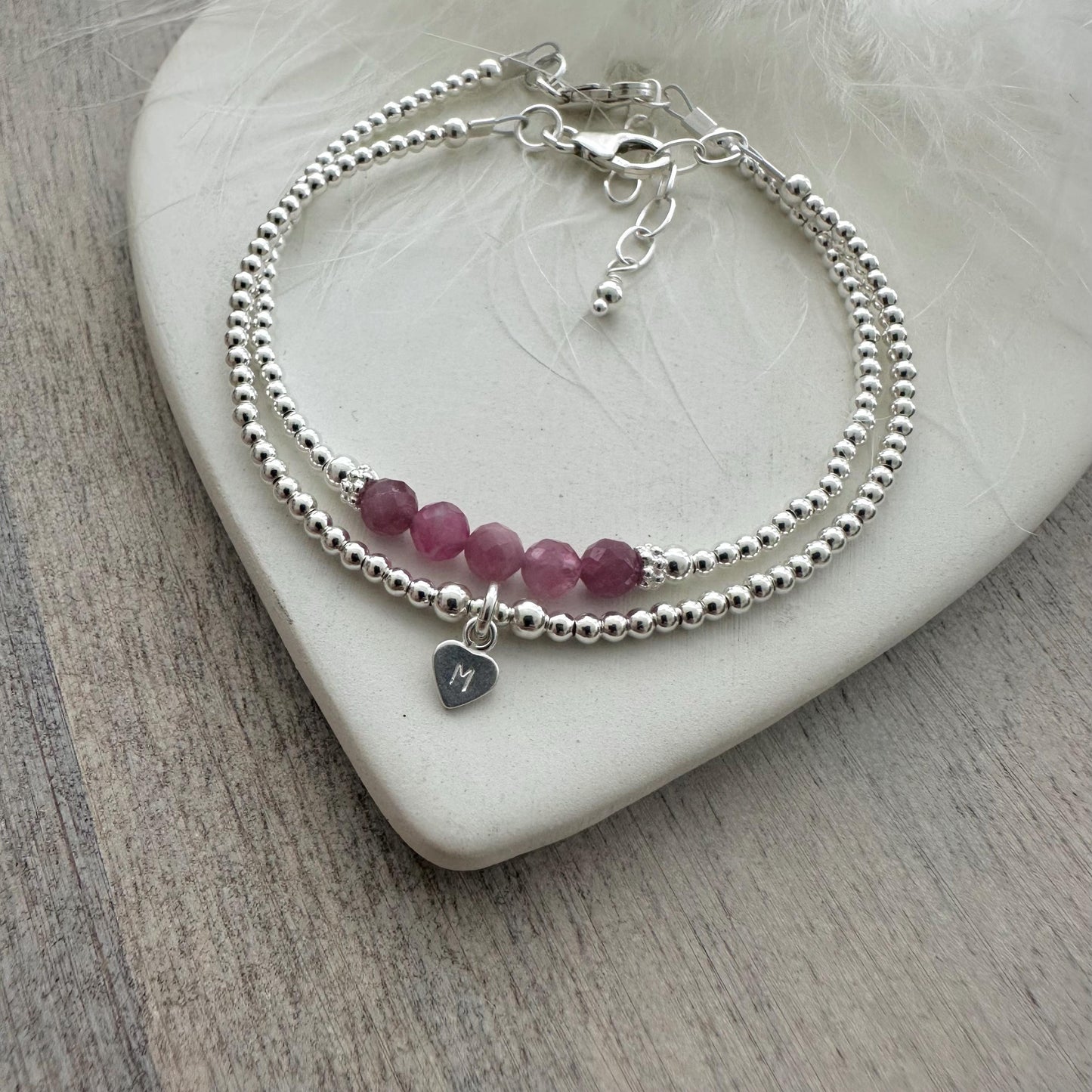 Personalised Tourmaline Bracelets the October Birthstone, Initial Jewellery with Pink Tourmaline