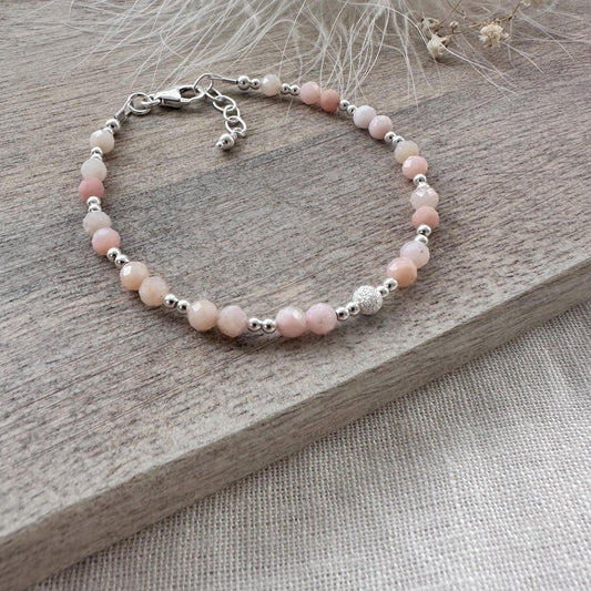 October Birthstone Bracelet, Dainty Pink Opal Bracelet in Sterling Silver