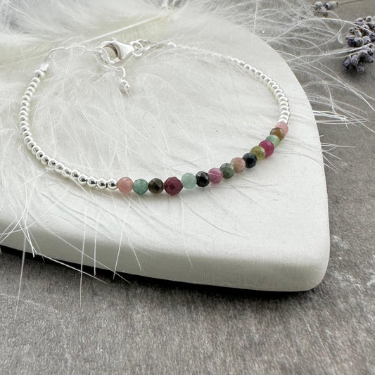 Tourmaline October Birthstone Bracelet, dainty stacking bracelet in sterling silver