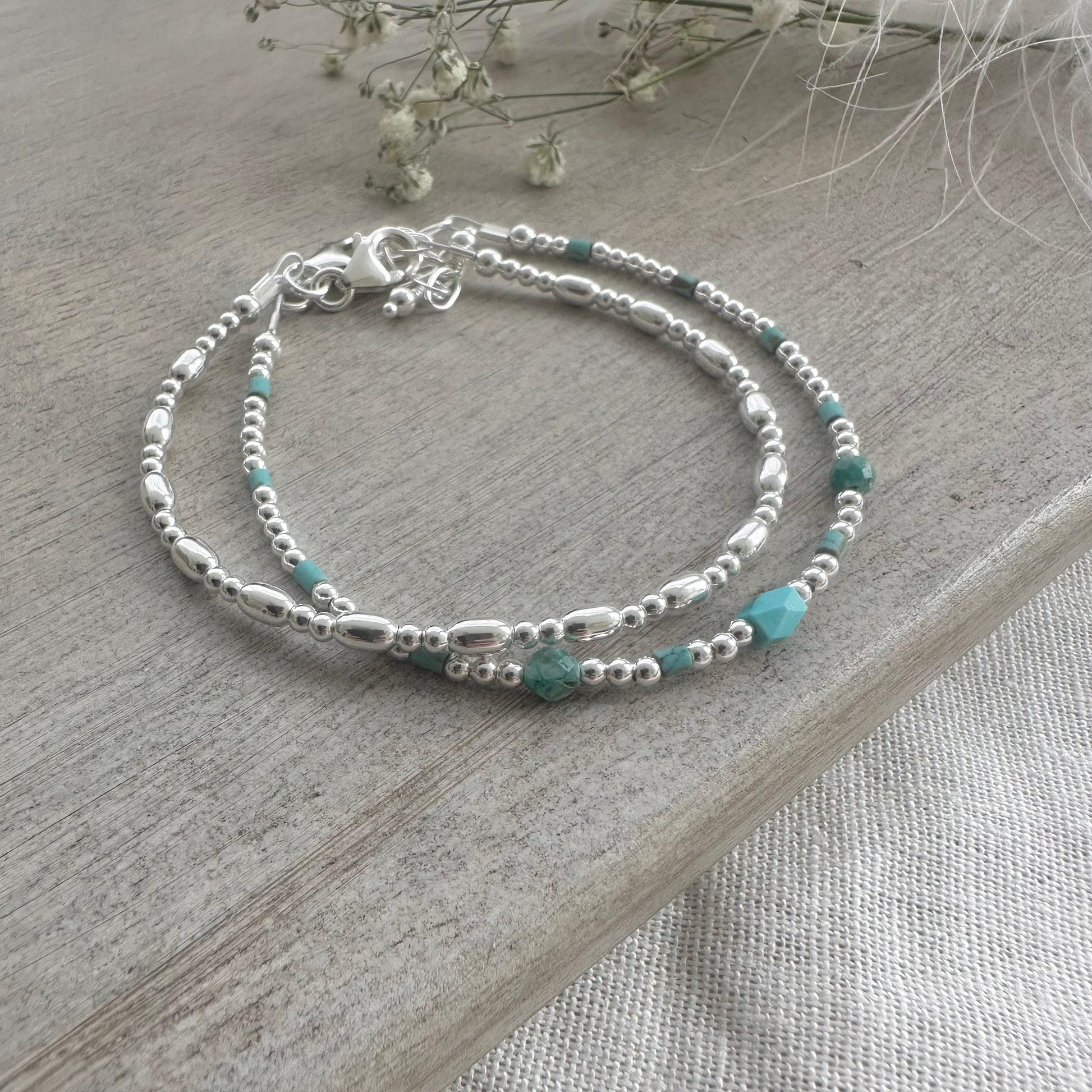 Set of Silver & Turquoise Bracelets, December Birthstones Bracelet Set in Sterling Silver