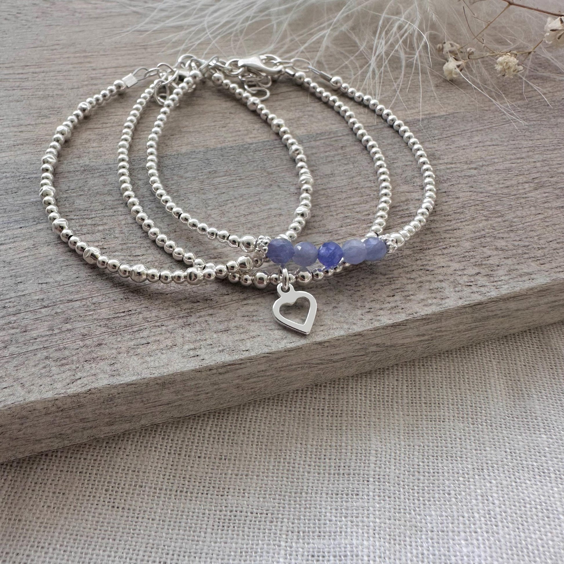 A Dainty December Birthstone Tanzanite Bracelet Set, December Stacking Bracelets for Women in Sterling Silver