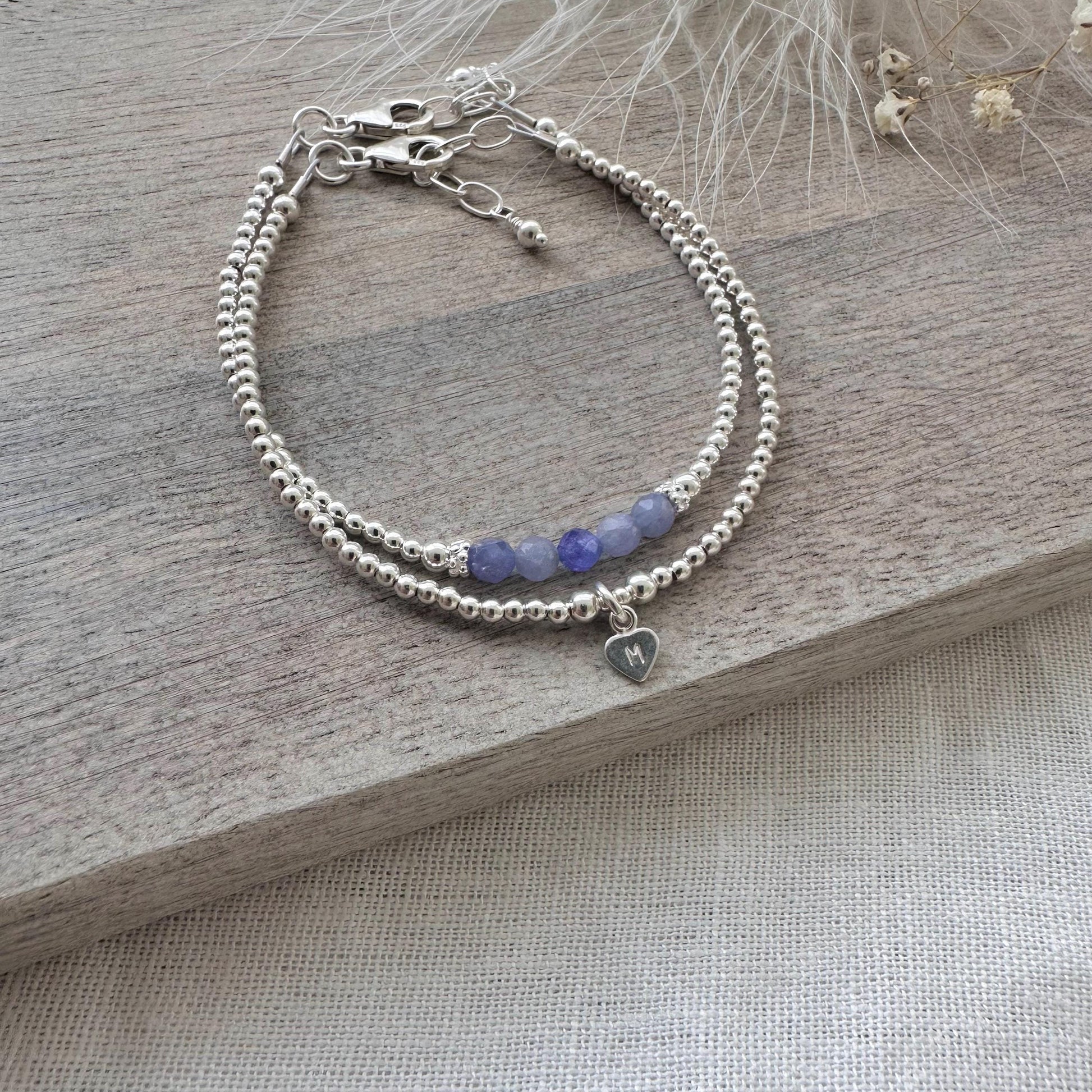 Set of Personalised December Birthstone Bracelets, made with Tanzanite and sterling silver