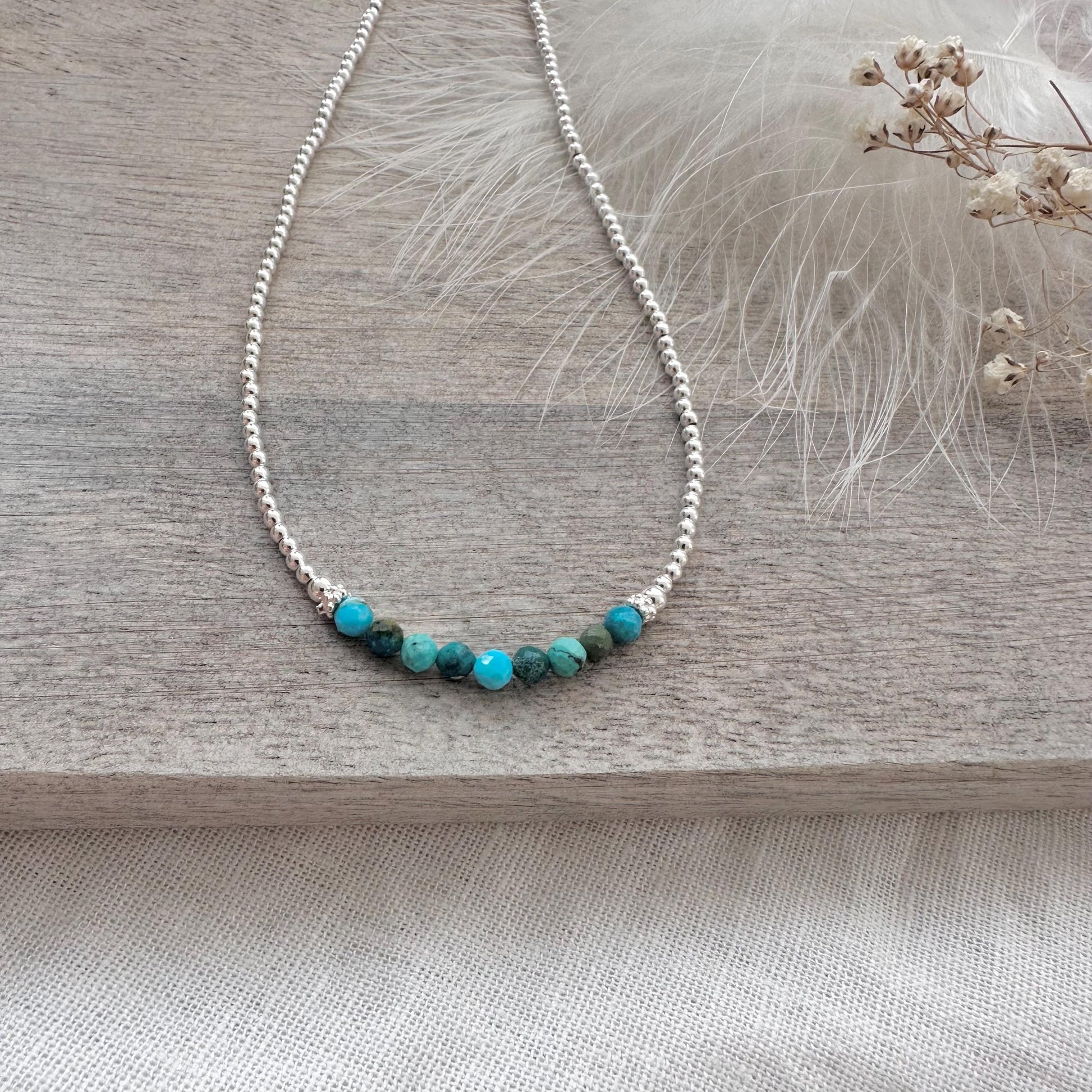 Thin Turquoise and Sterling Silver Bead Necklace, December Birthstone