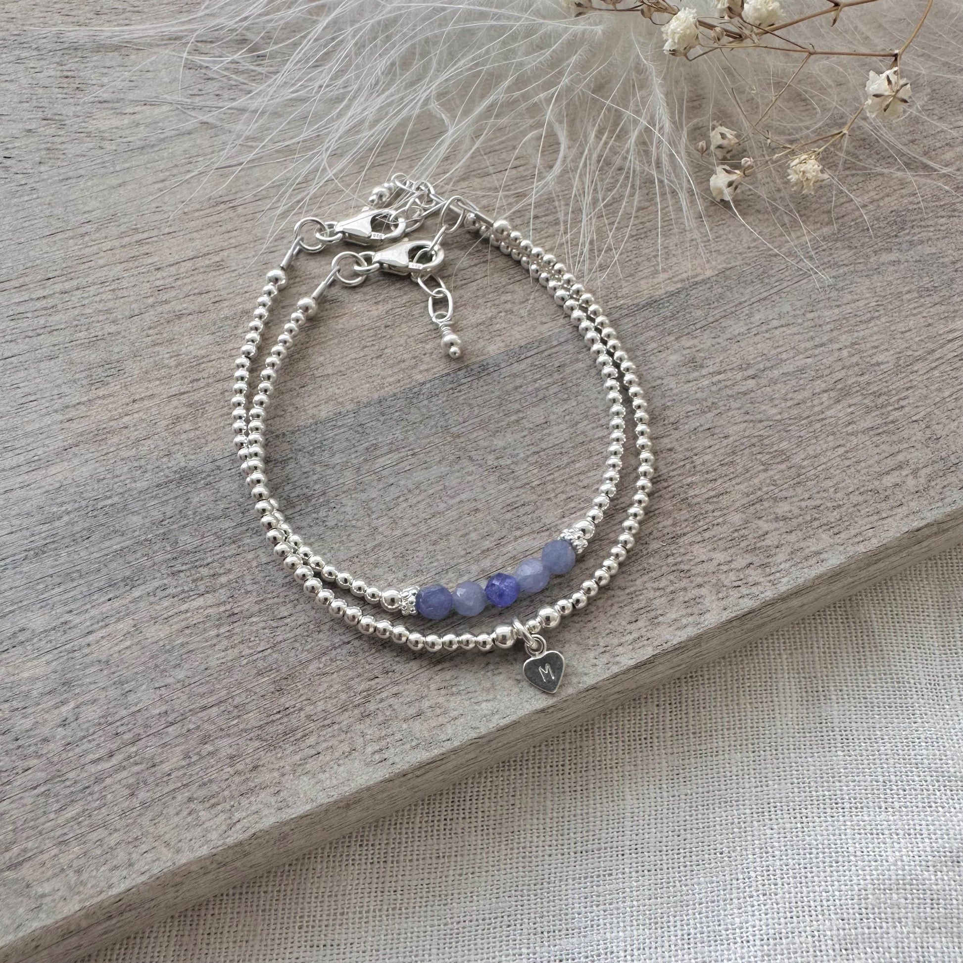 Set of Personalised December Birthstone Bracelets, made with Tanzanite and sterling silver