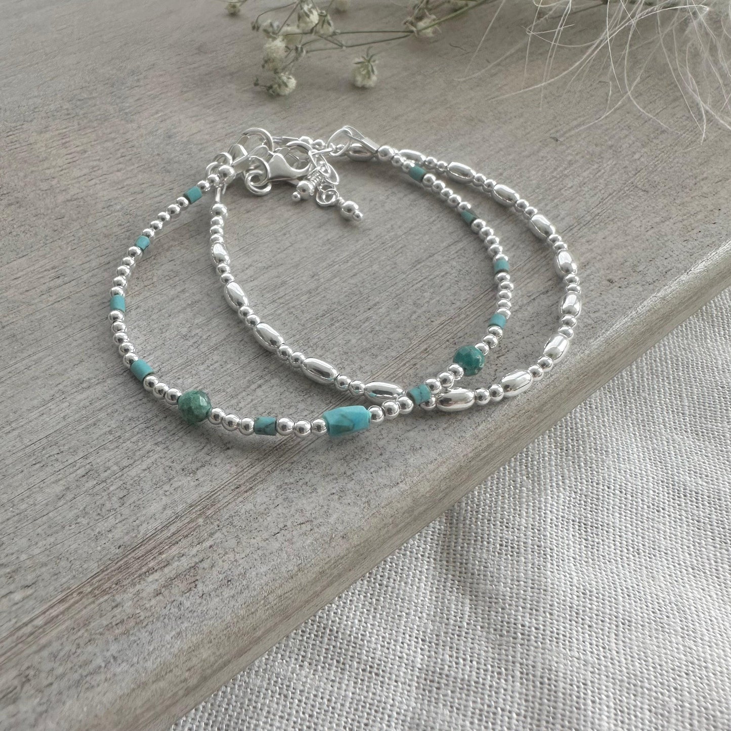 Set of Silver & Turquoise Bracelets, December Birthstones Bracelet Set in Sterling Silver