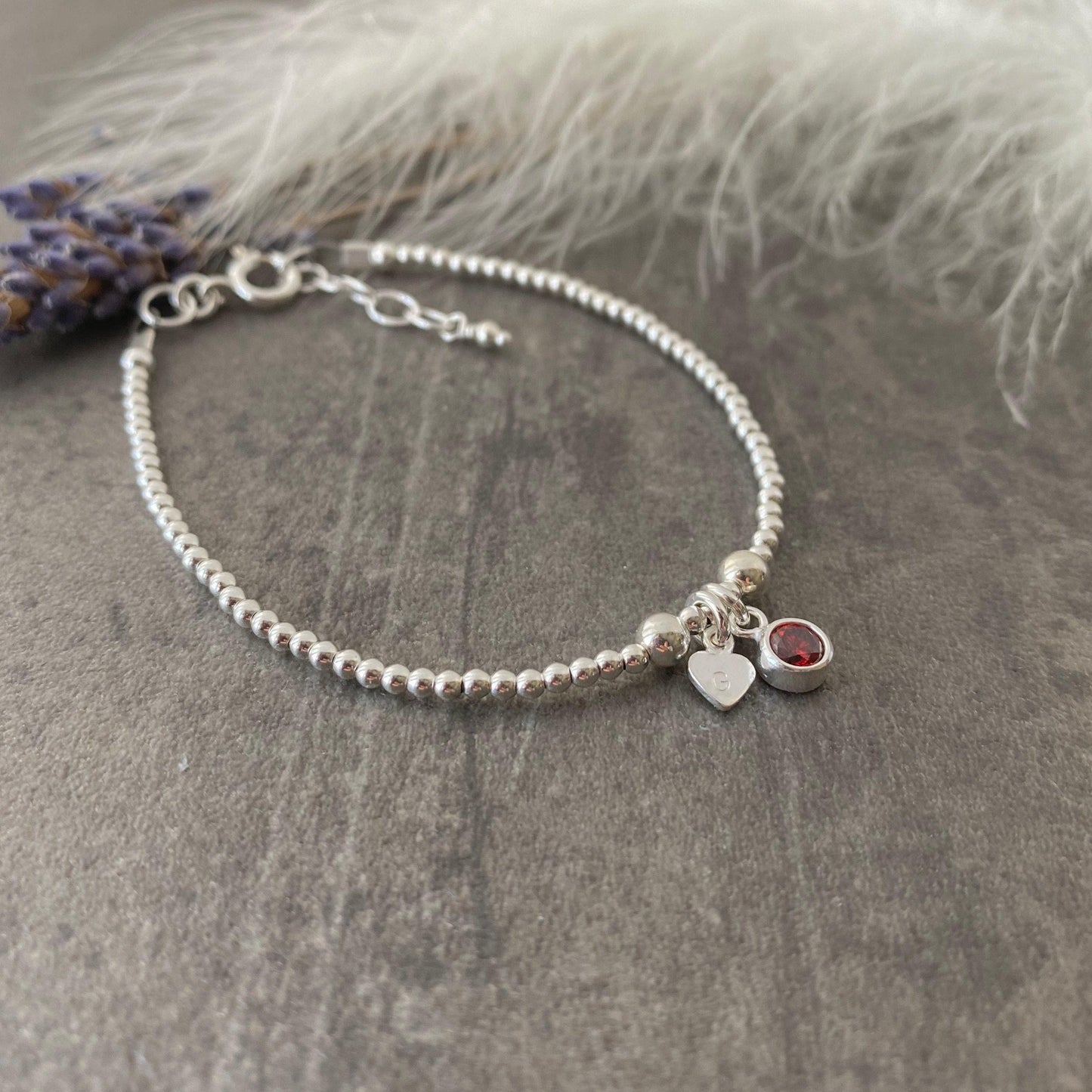 Dainty July Birthstone CZ Initial Bracelet, Personalised Jewellery