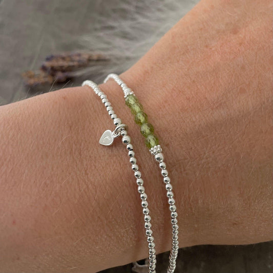 Personalised Peridot Bracelet Set, August Birthstone Jewellery, Initial Bracelets