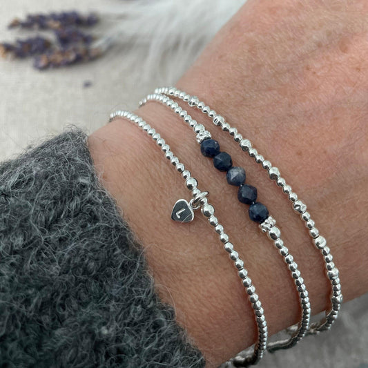 Personalised September Birthstone Sapphire Bracelet Set, Dainty Sterling Silver Stacking Bracelets for Women