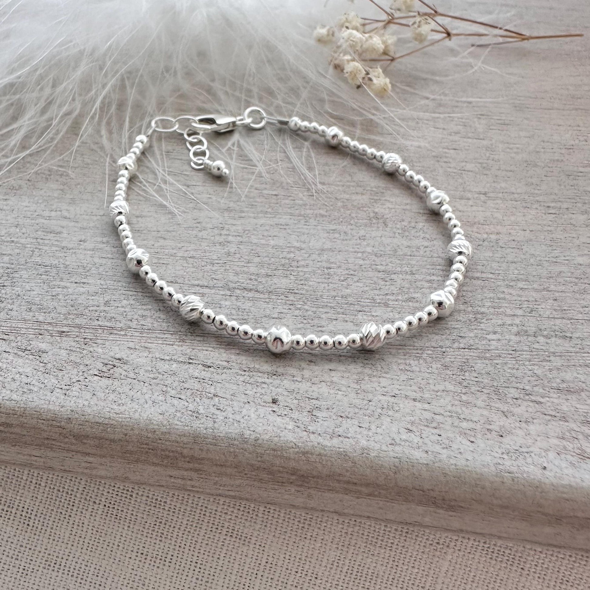 Silver Bead Layering Bracelet, sterling silver 4mm beads textured bracelet