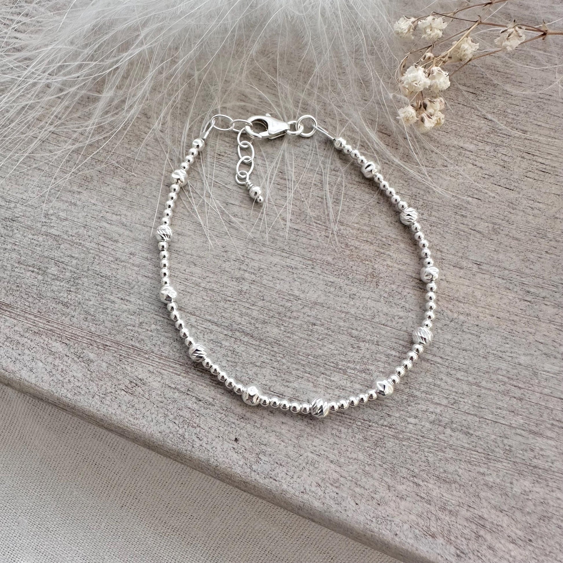 Silver Bead Layering Bracelet, sterling silver 4mm beads textured bracelet