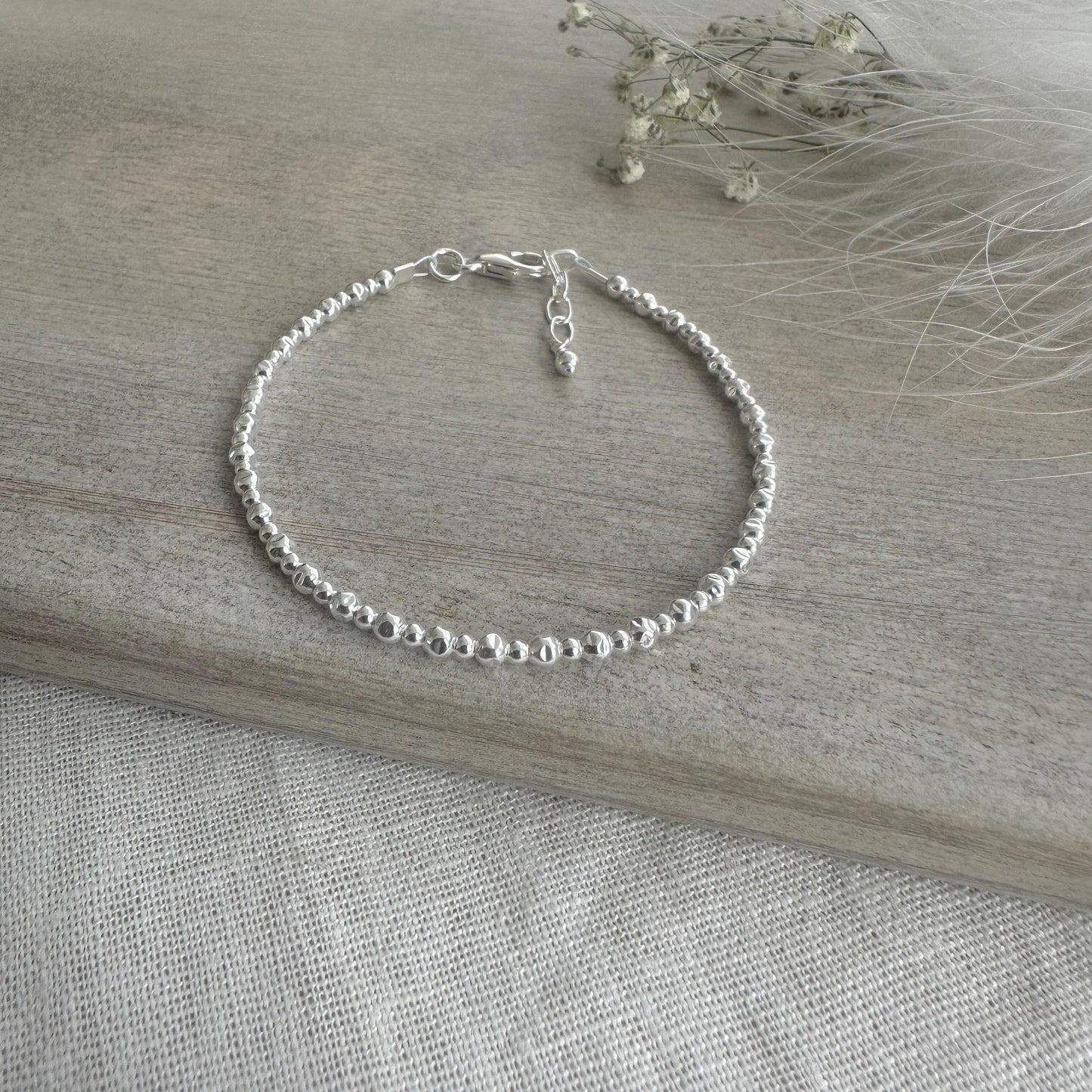 Sterling Silver Bracelet, Textured 3mm bead bracelet