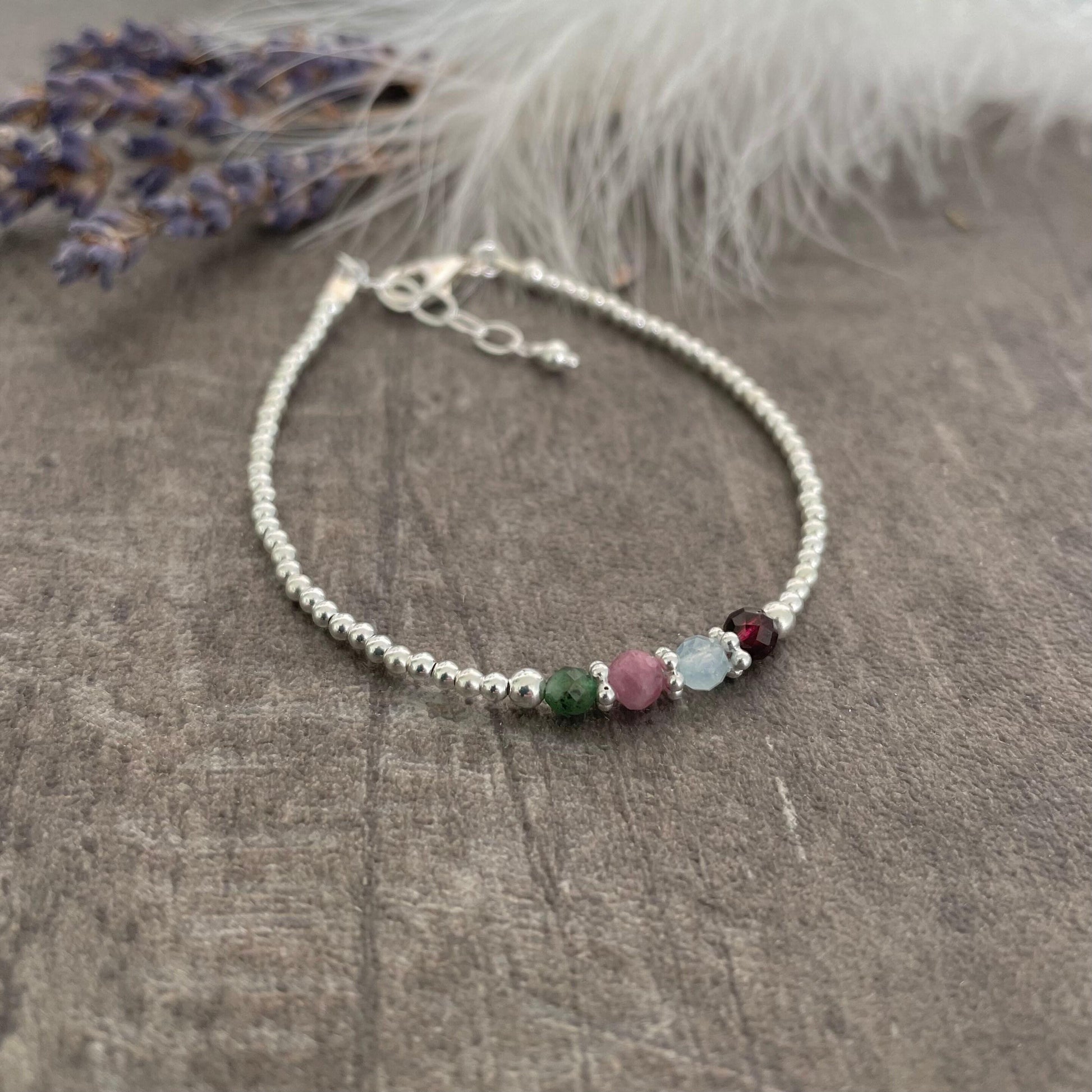 Personalised Birthstone Bracelet, Dainty Silver Bracelet with Family Birthstones