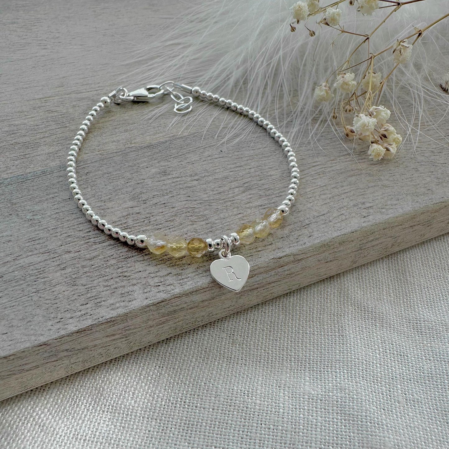 Personalised November Birthstone Bracelet, Dainty Citrine Bracelet in Sterling Silver