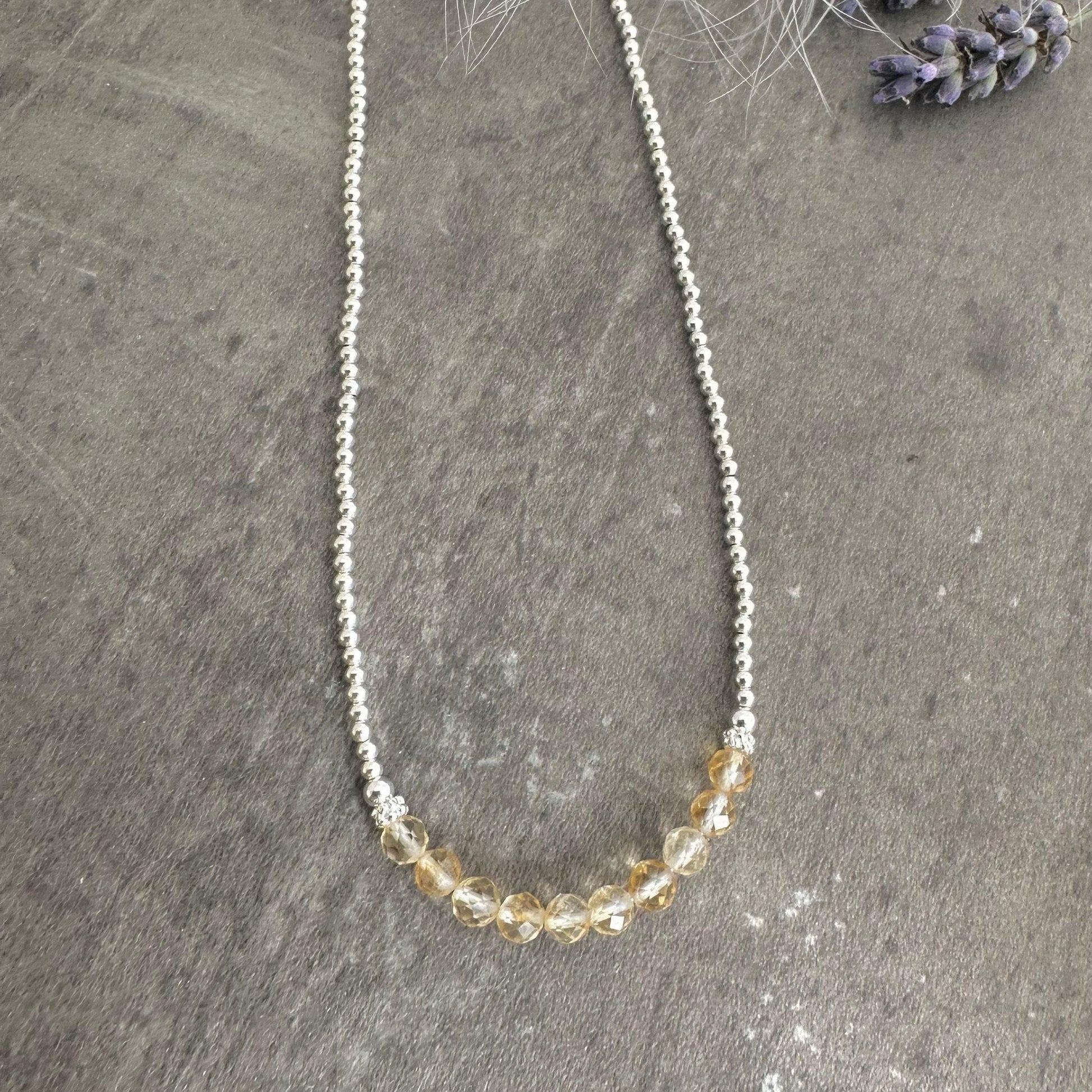 Thin Citrine and Sterling Silver Bead Necklace, November Birthstone