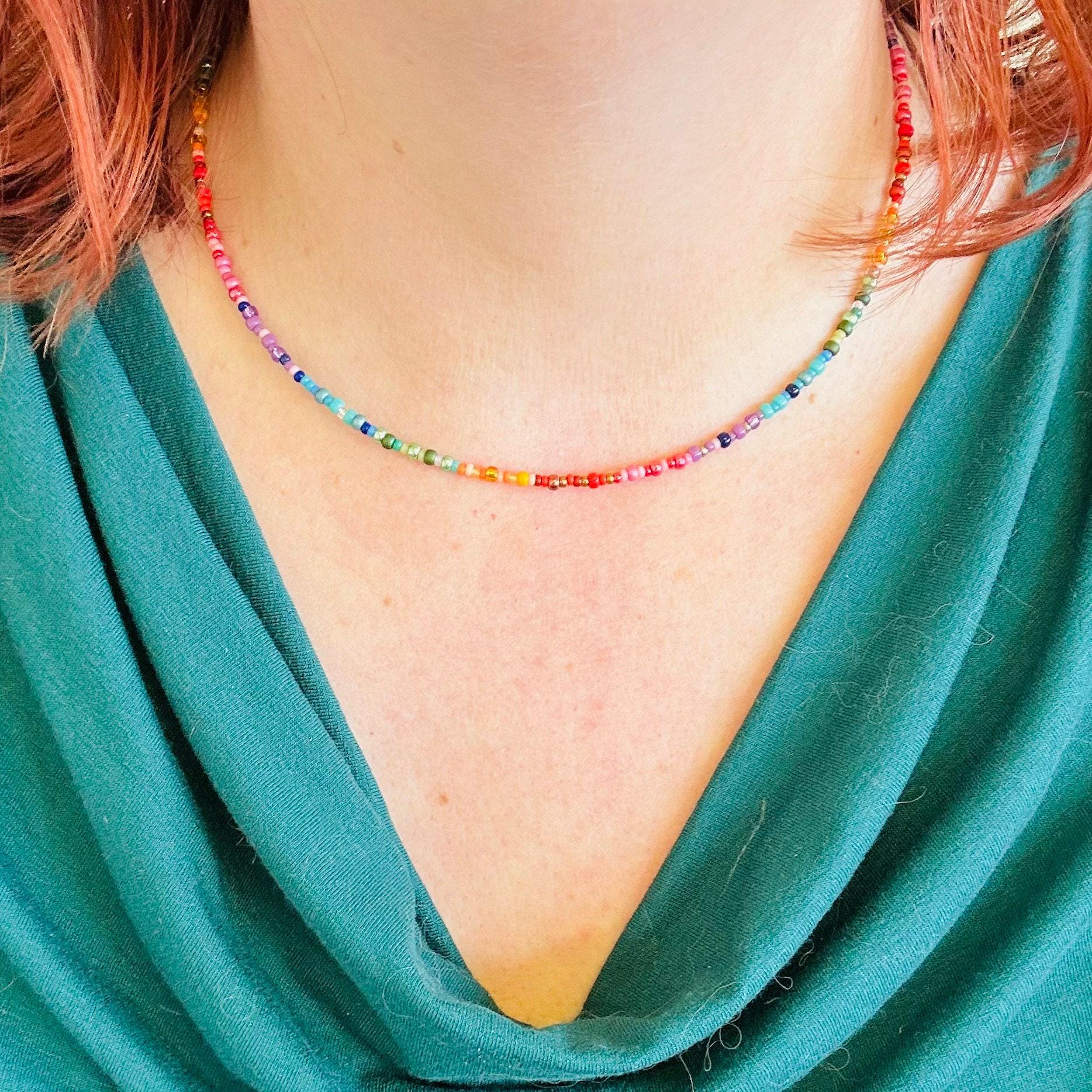 Colourful thin rainbow necklace with seed beads ombre rainbow