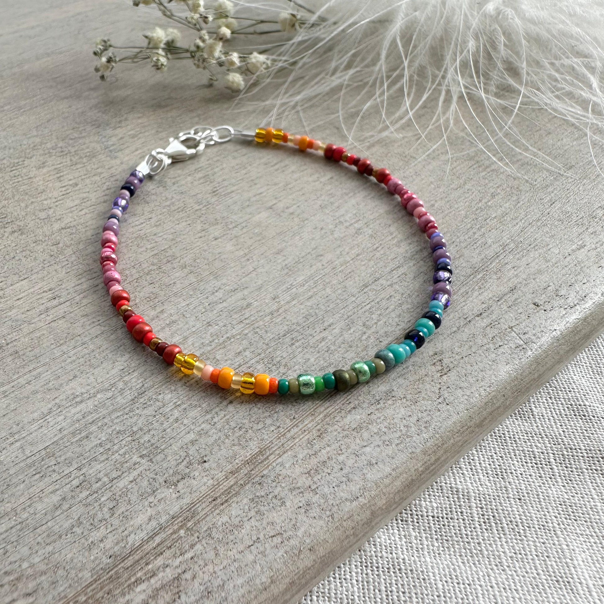 Thin Ombre Rainbow Bracelet with seed beads rainbow colours