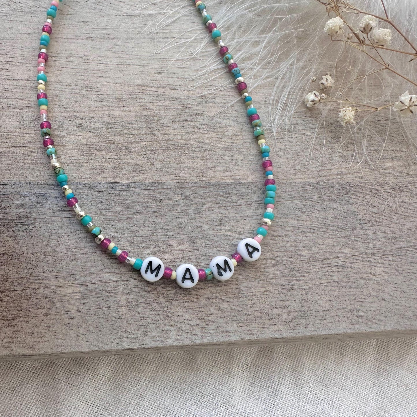 MAMA Beaded Necklace, New mum Gift with glass letter beads in sterling silver