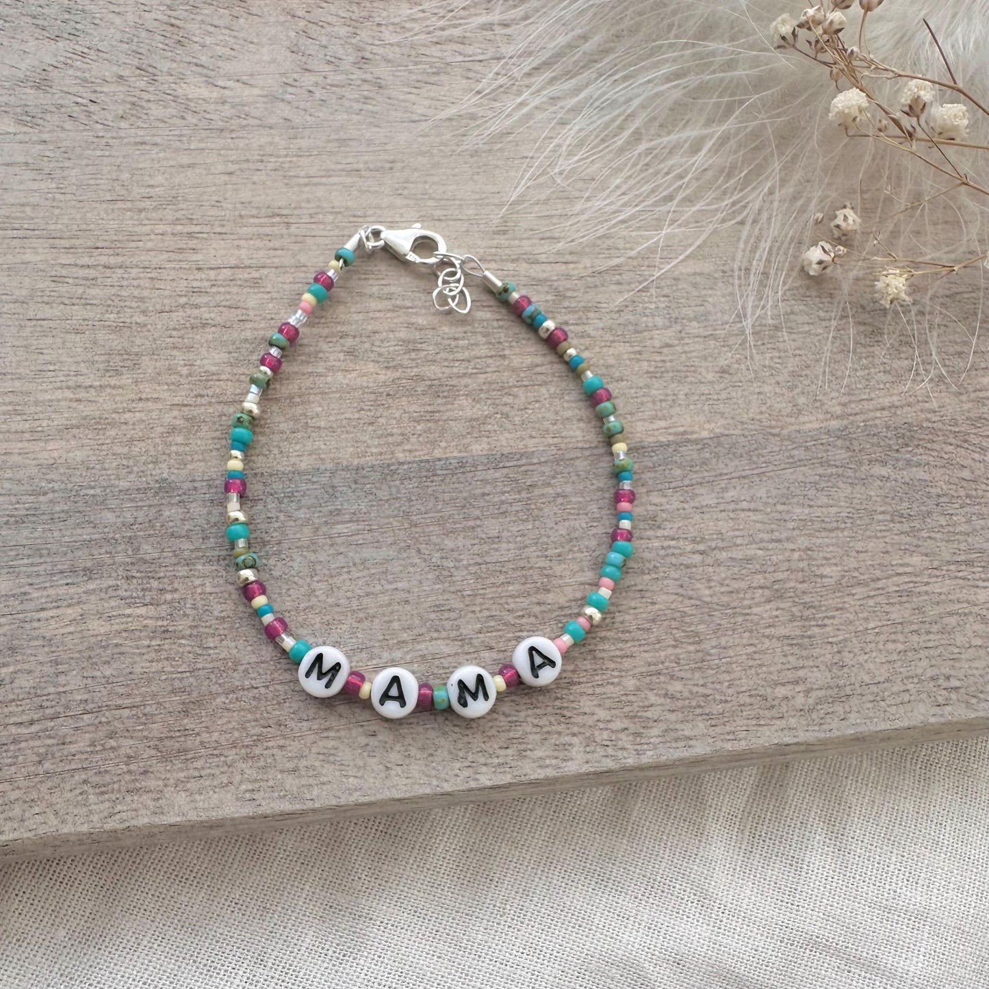 MAMA Beaded Bracelet, New mum Gift with glass letter beads in sterling silver