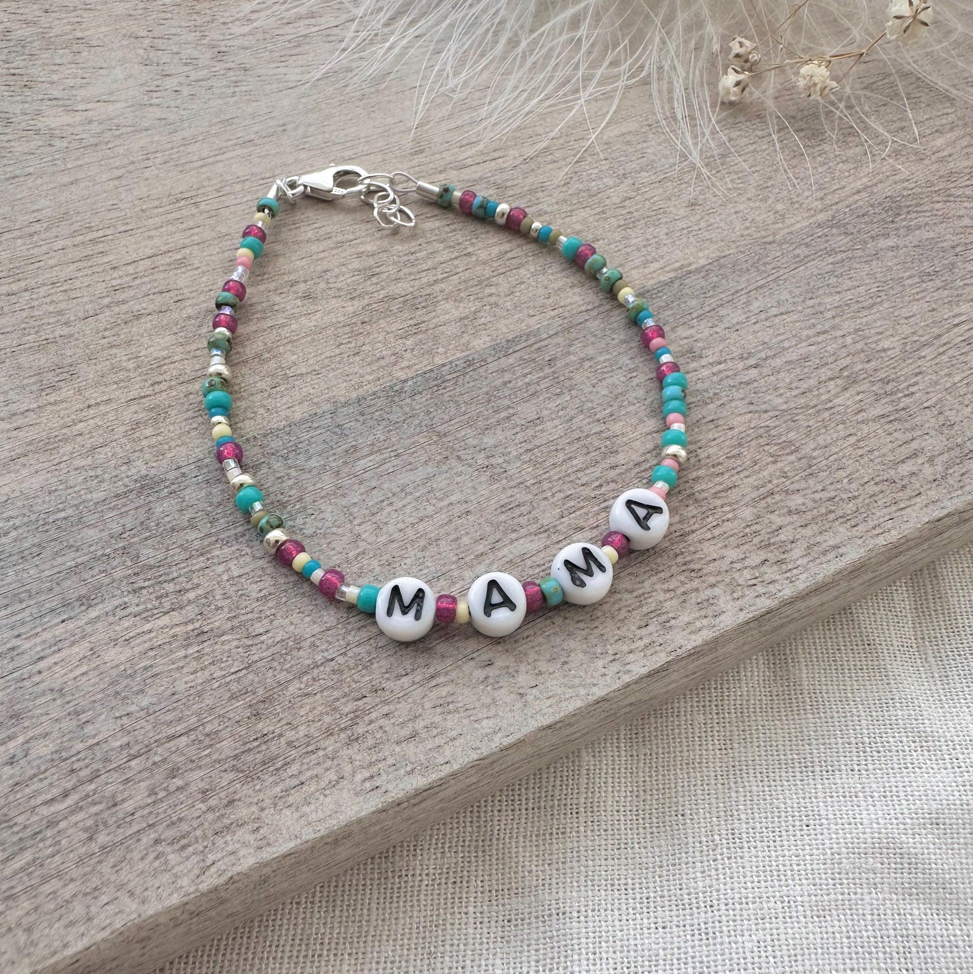 MAMA Beaded Bracelet, New mum Gift with glass letter beads in sterling silver