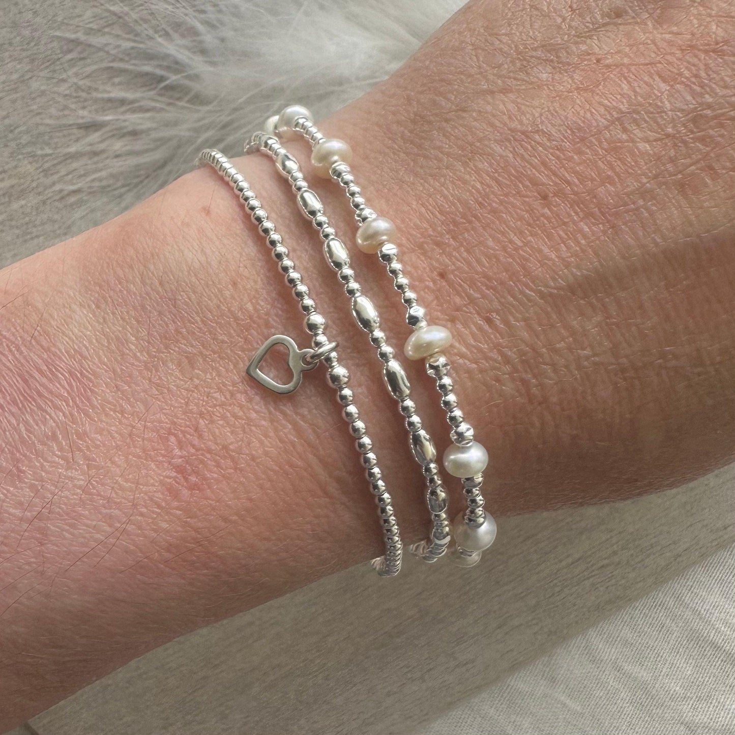 A Dainty June Birthstone Pearl Bracelet Set, June Stacking Bracelets for Women in Sterling Silver