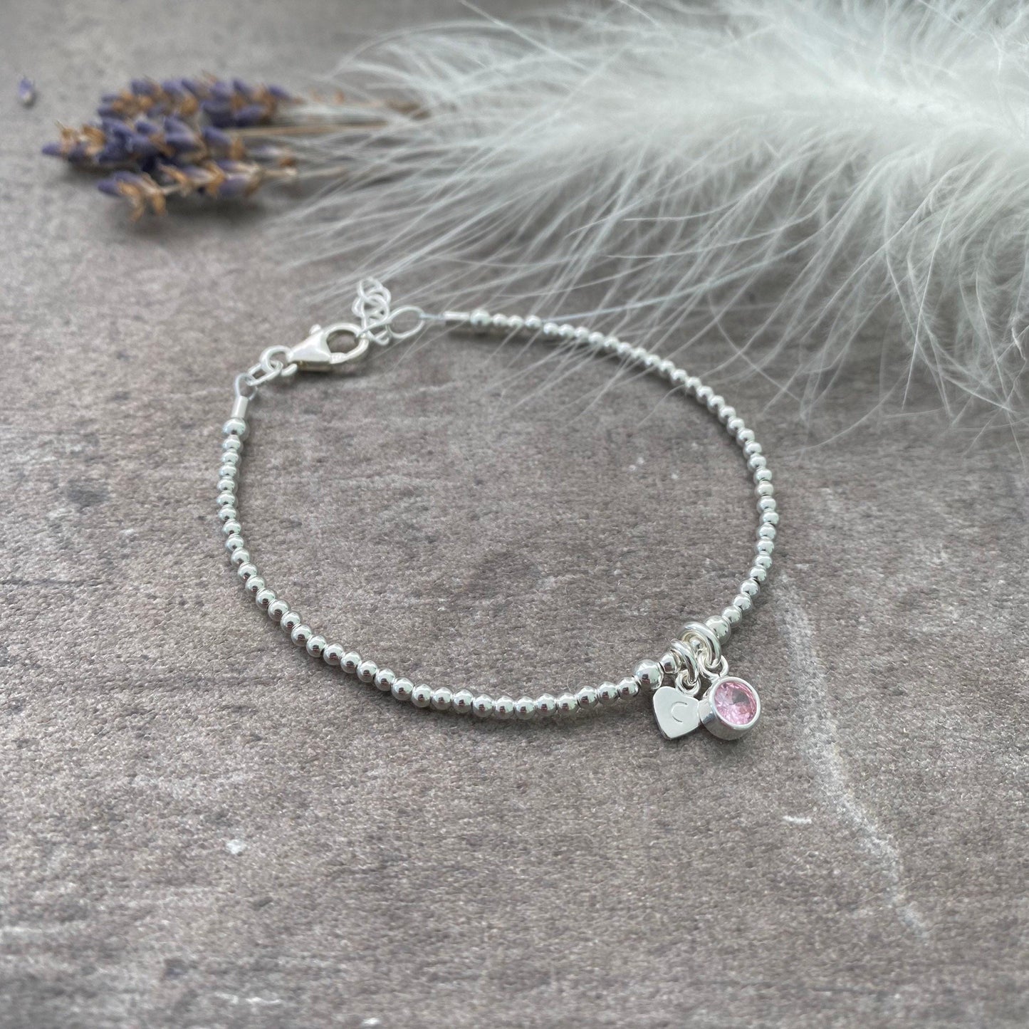 Dainty June Birthstone Initial Bracelet, Personalised Cubic Zirconia Sterling Silver