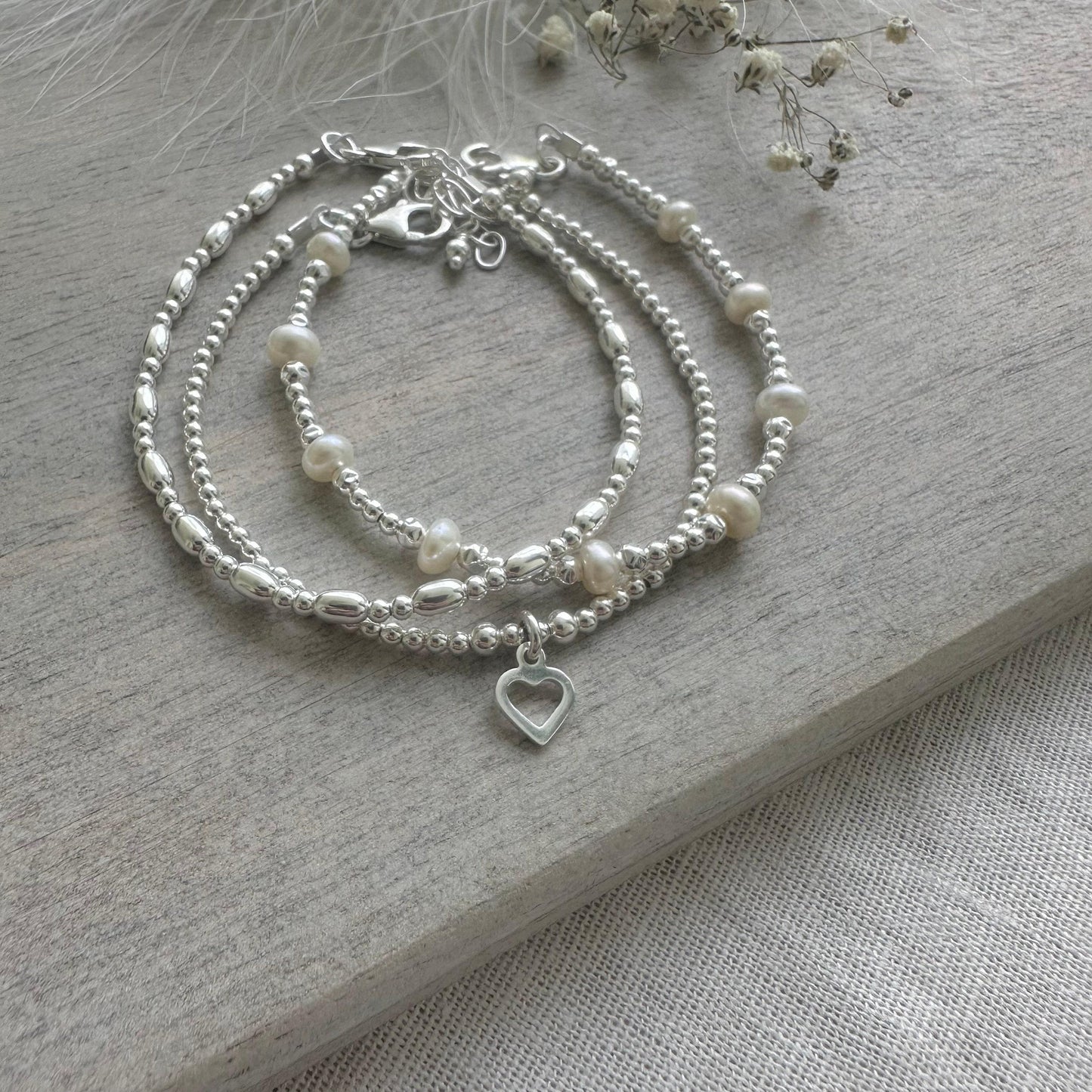 A Dainty June Birthstone Pearl Bracelet Set, June Stacking Bracelets for Women in Sterling Silver