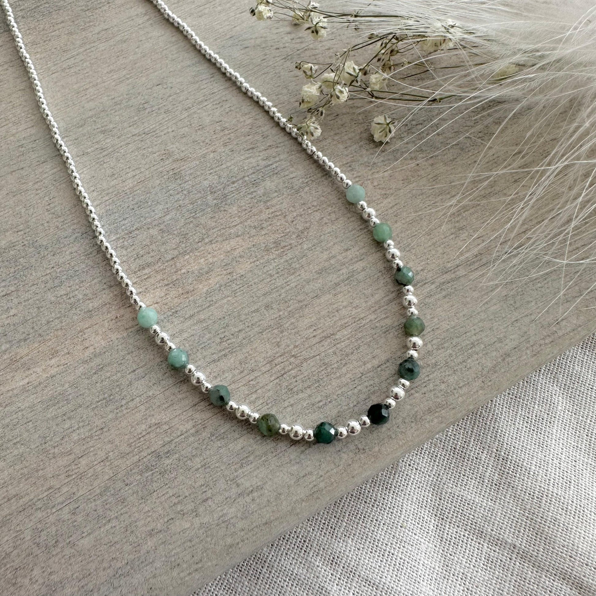 Green Emerald Necklace, May birthstone Taurus gifts in sterling silver