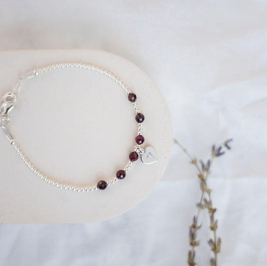 Personalised January Birthstone Bracelet, , Dainty Garnet Bracelet in Sterling Silver