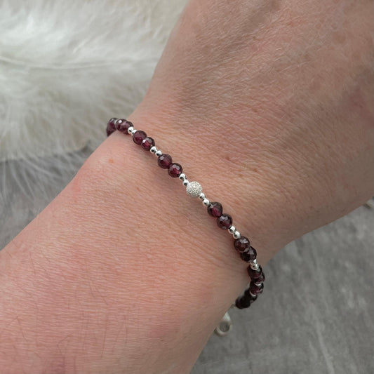 January Birthstone Bracelet, Dainty Garnet Bracelet in Sterling Silver