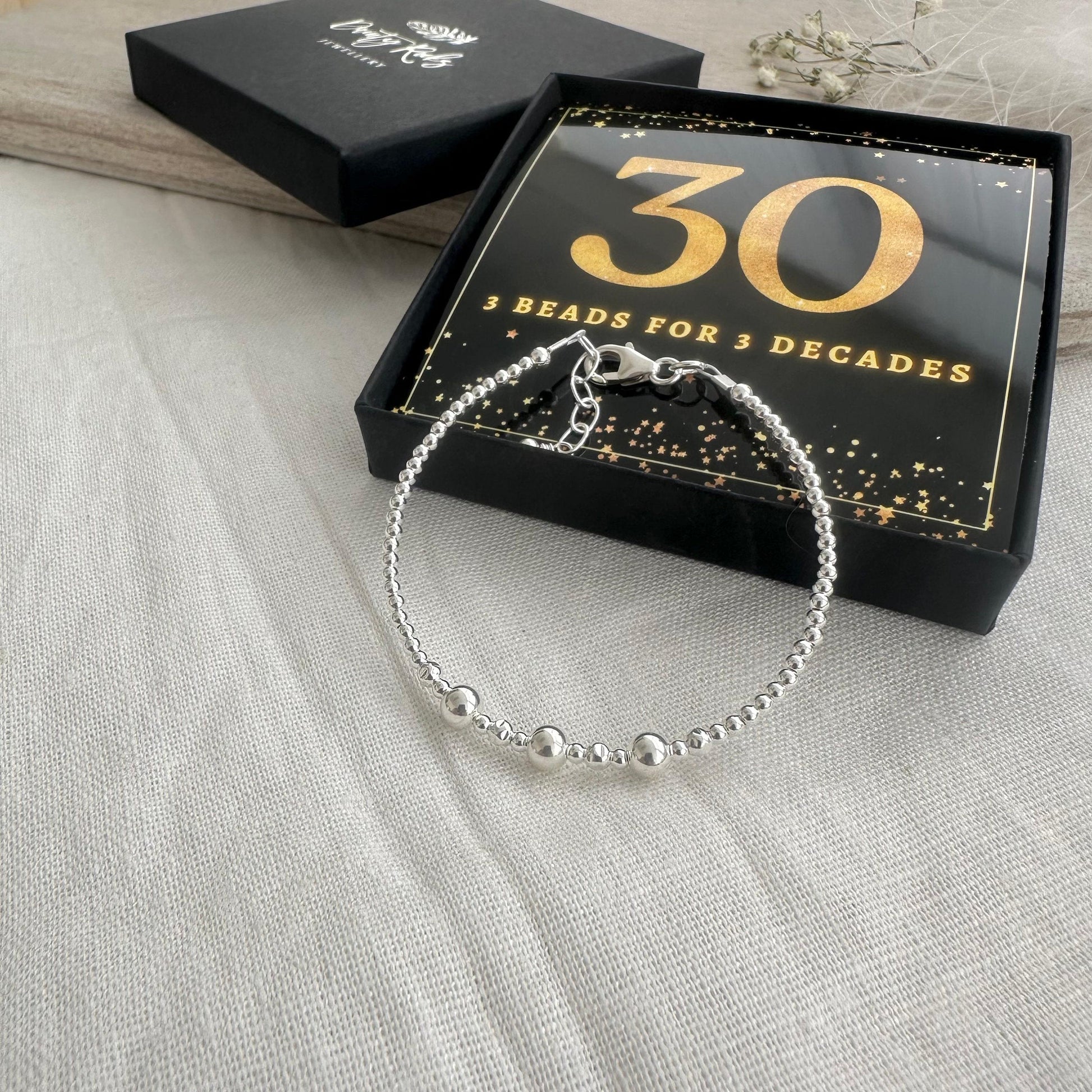 30th Birthday Gift 3 Beads 3 Decades Bracelet, Jewellery Gift for Her 30th in Sterling Silver