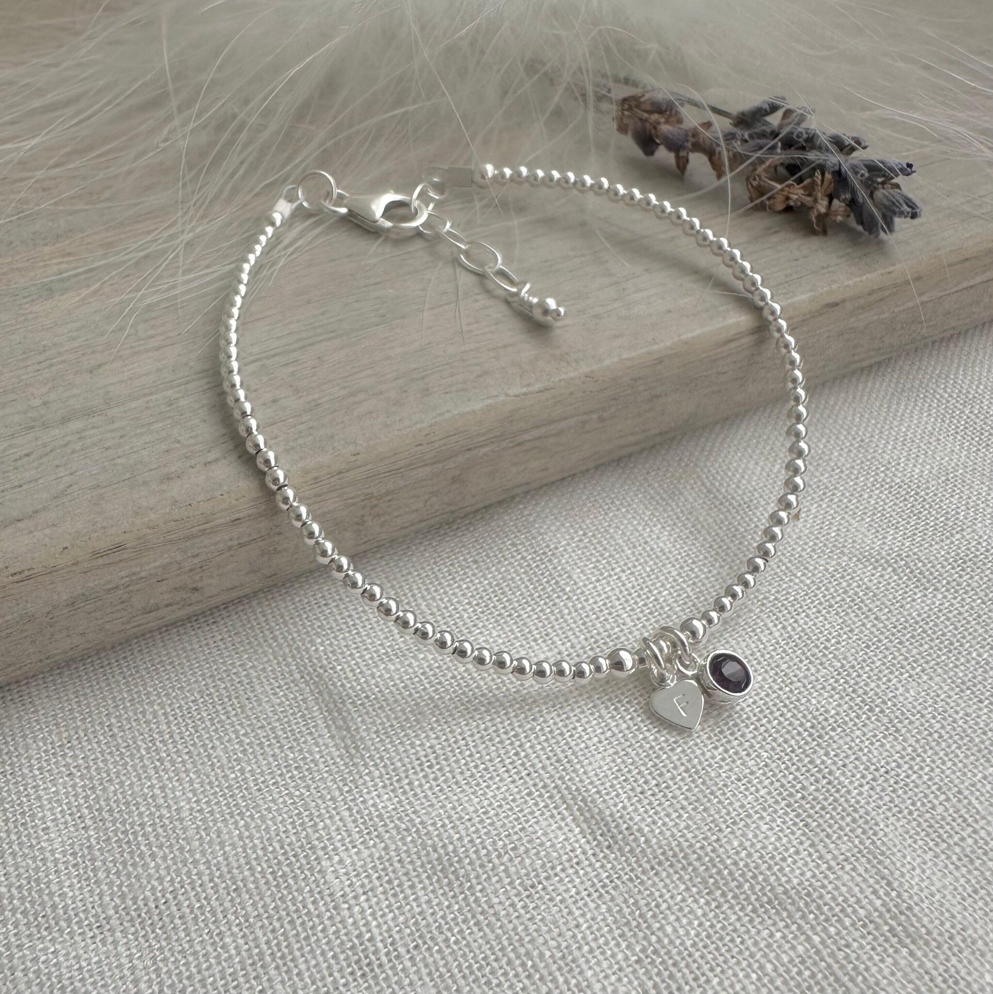 Dainty February Birthstone CZ Initial Bracelet, Personalised Jewellery