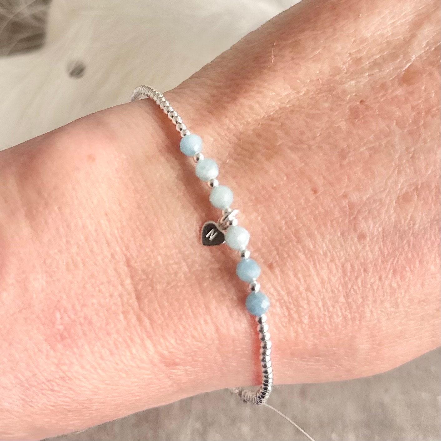 Personalised Aquamarine Bracelet, Dainty March Birthstone Jewellery in Sterling Silver