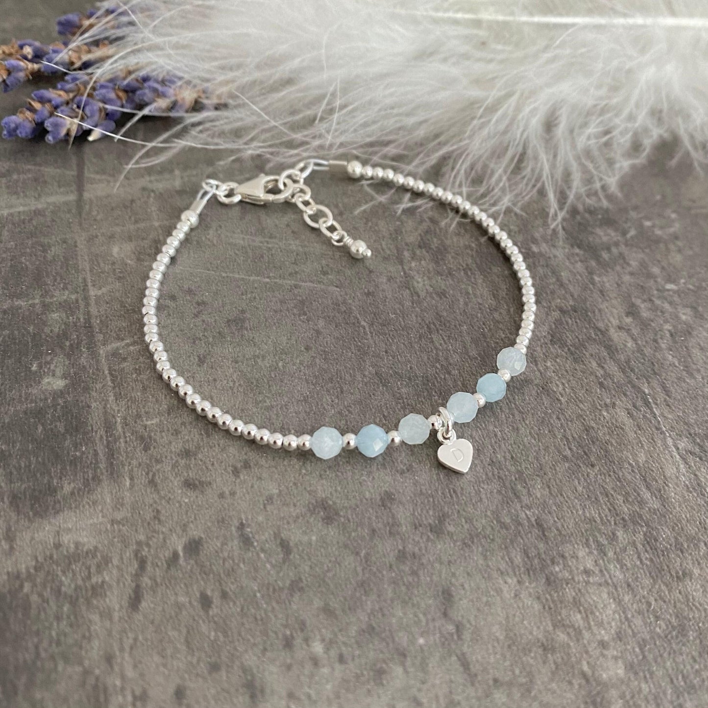 Personalised Aquamarine Bracelet, Dainty March Birthstone Jewellery in Sterling Silver