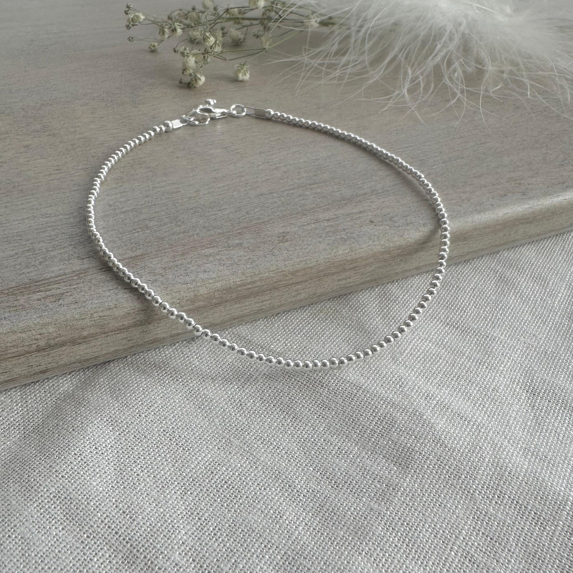 Dainty Sterling Silver Beaded Anklet, Ankle Bracelet