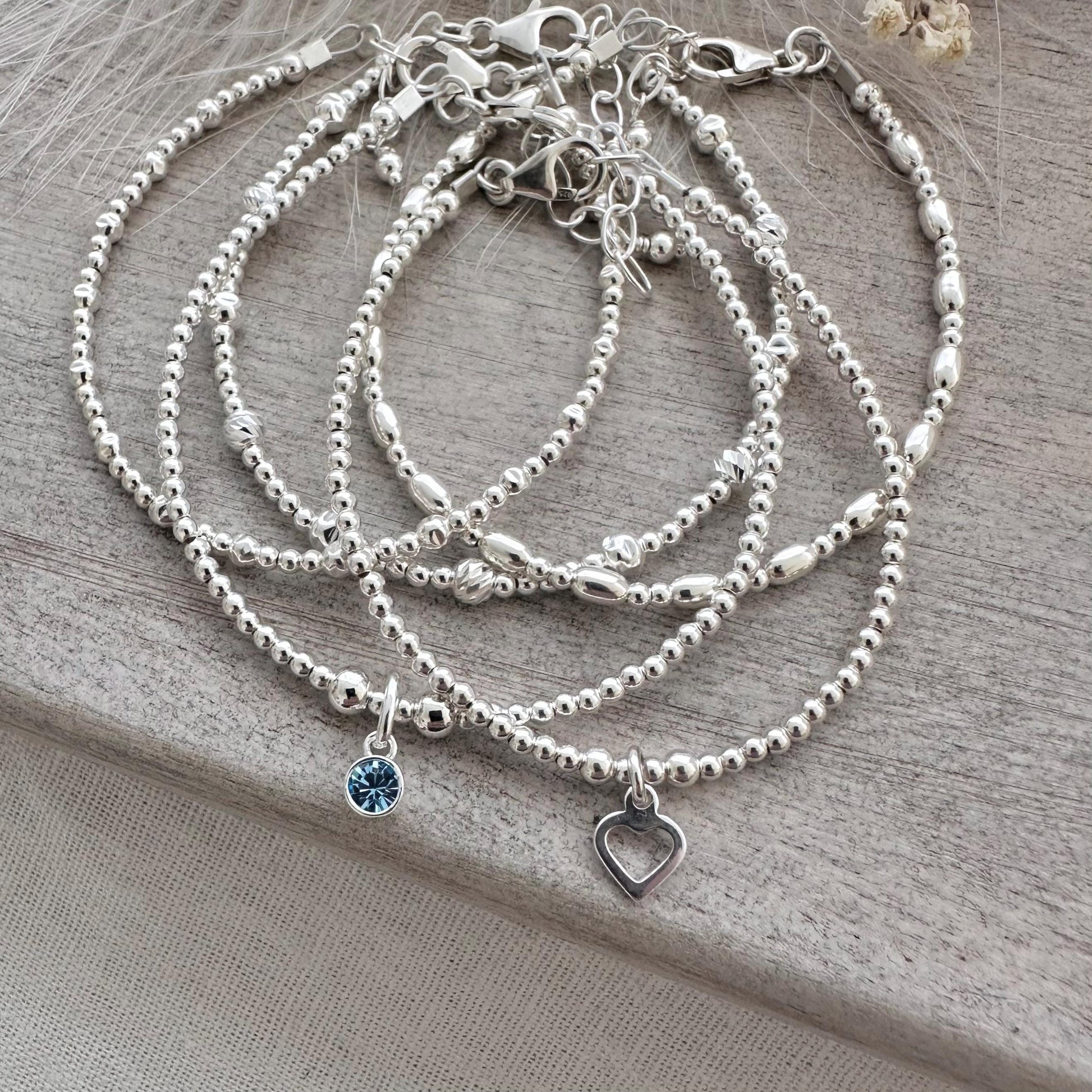 5 Bracelet Stack with Crystal Birthstone, Heart Bracelet Set in Sterling Silver